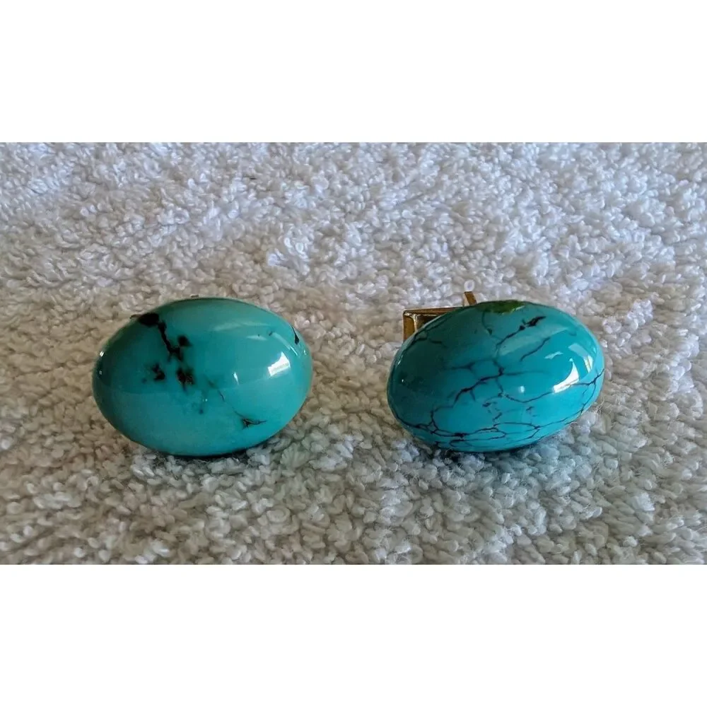 Vintage Turquoise Style Oval Cufflinks Gold Tone Southwestern Boho